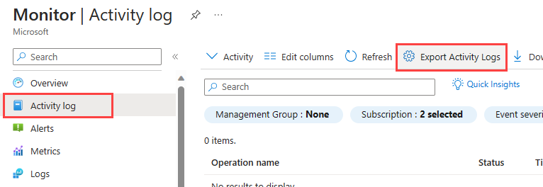 Screenshot that shows the Azure Monitor menu with Activity log selected and Export activity logs highlighted in the Monitor-Activity log menu bar.
