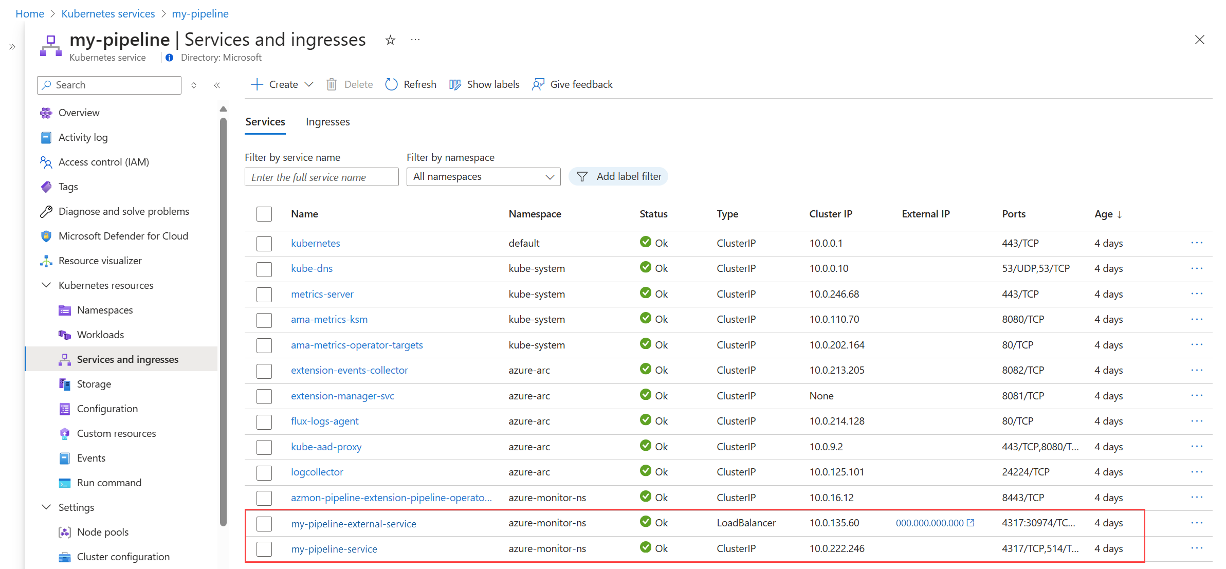 Screenshot of cluster components supporting Azure Monitor edge pipeline.