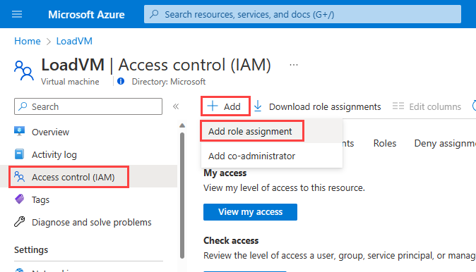 Screenshot that shows the Access control(IAM) page for a virtual machine.