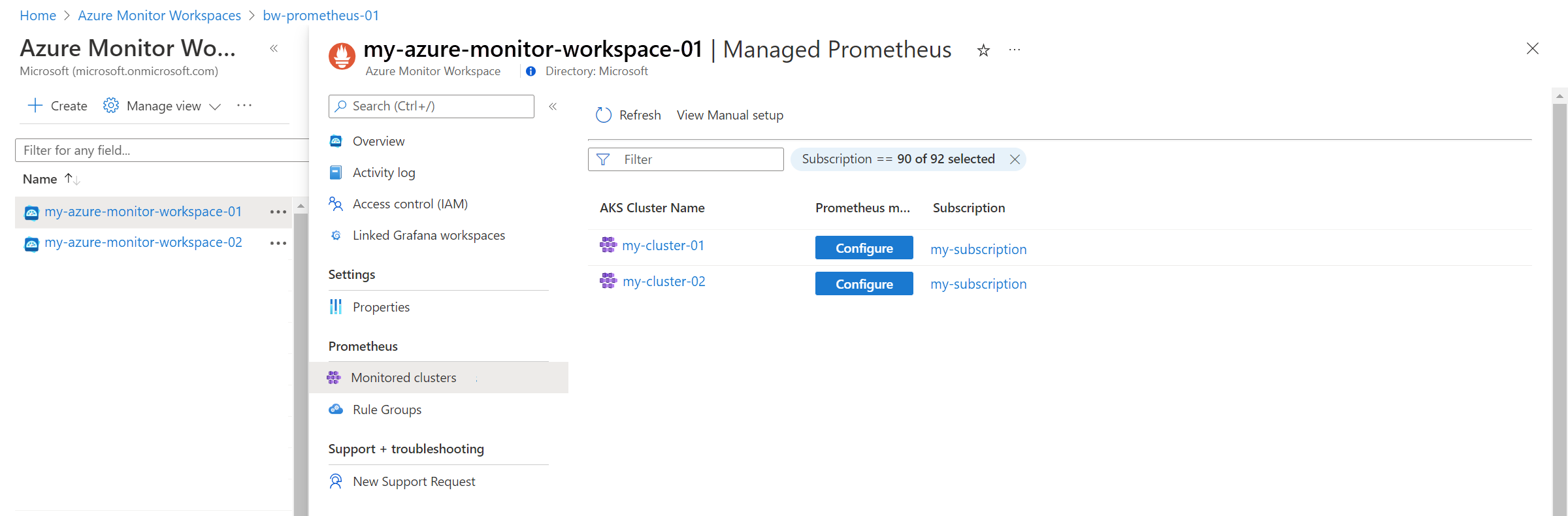 Screenshot of Azure Monitor workspace with Prometheus configuration.