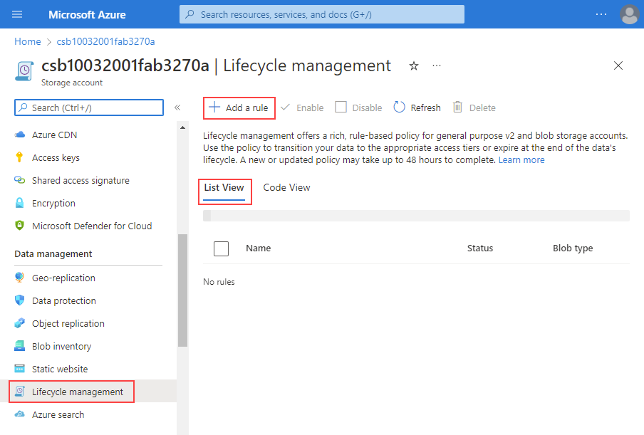 A screenshot showing the lifecycle management screen for a storage account.