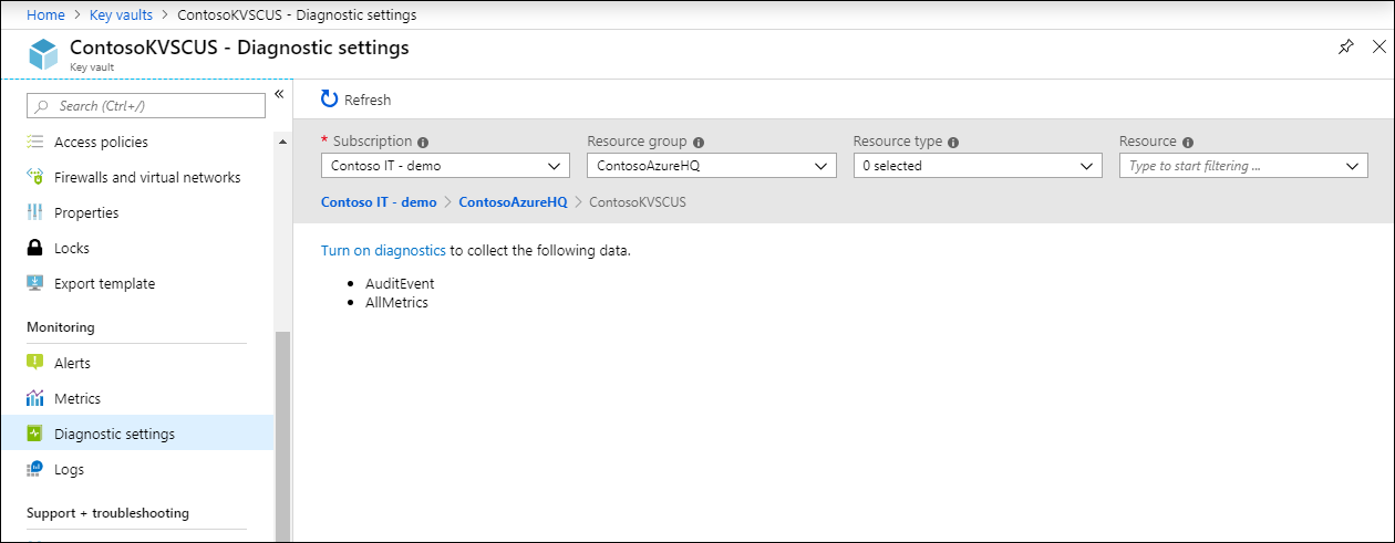 Screenshot of the Diagnostics settings page for the Key Vault resource ContosoKVSCUS.The option to Turn on diagnostics is highlighted.