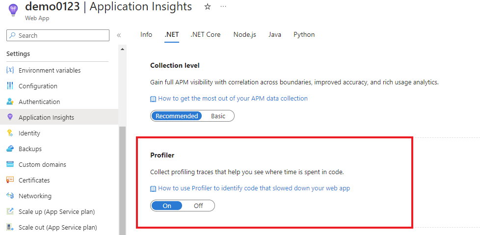 Screenshot of how to enable Profiler for your web app.