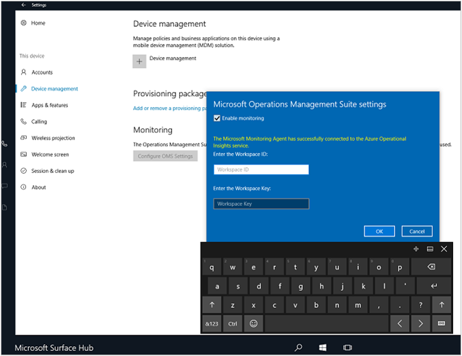 Screenshot shows the Microsoft Operations Manager Suite settings with Enable monitoring selected and text boxes for Workspace ID and Workspace Key.