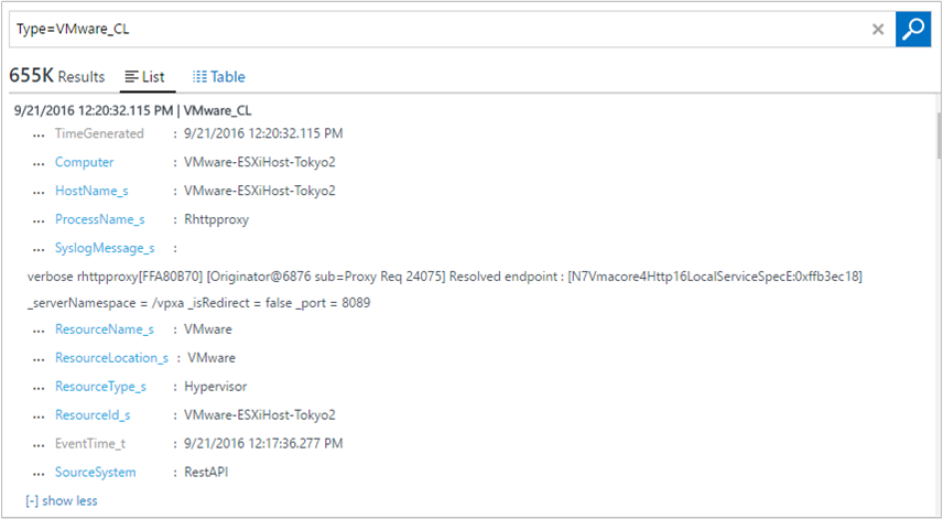 Screenshot shows a log query for Type = VMware_CL with a timestamped result.
