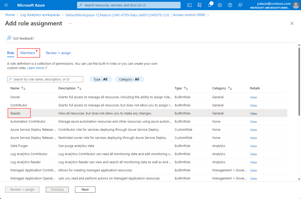 A screenshot that shows the Add role assignment page for a Log Analytics workspace.