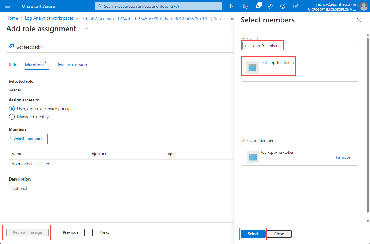 A screenshot that shows the Select members pane on the Add role assignment page for a Log Analytics workspace.