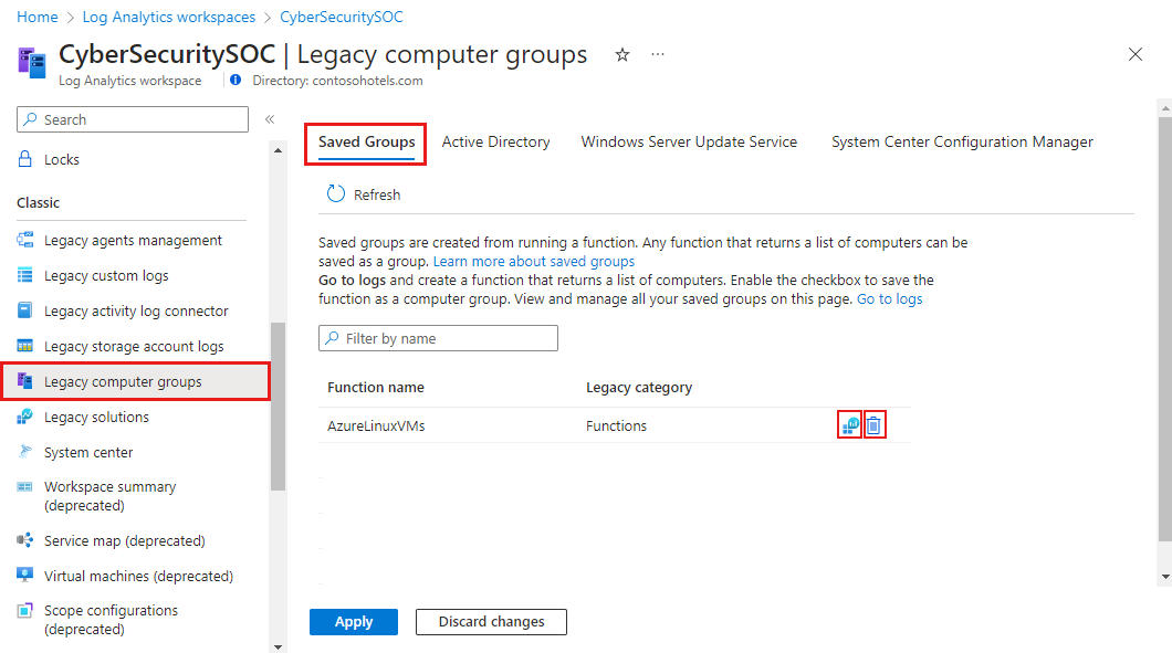 Screenshot of a Log Analytics resource in Azure with Legacy computer groups pane,  Saved Groups tab, Run query icon, and Delete icon highlighted.