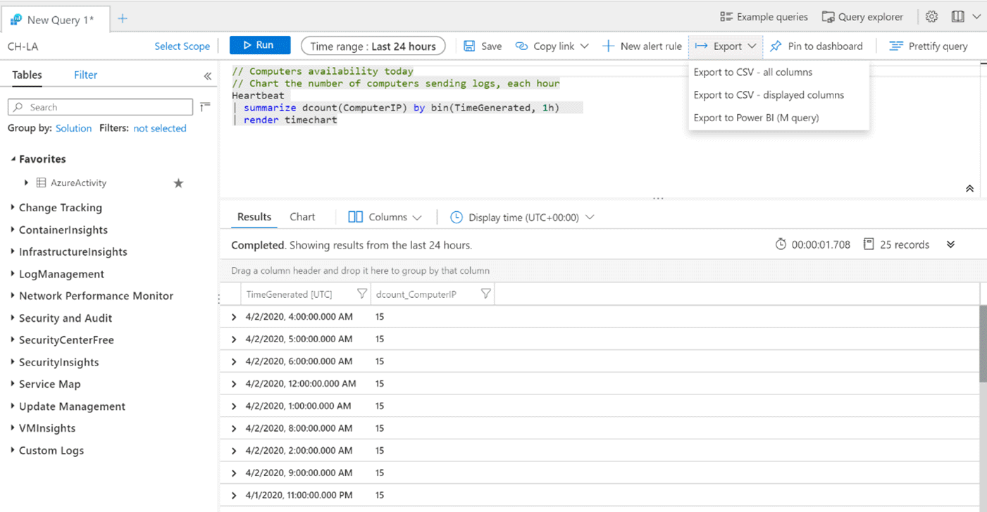 Screenshot of Log Analytics query with the data and export option.