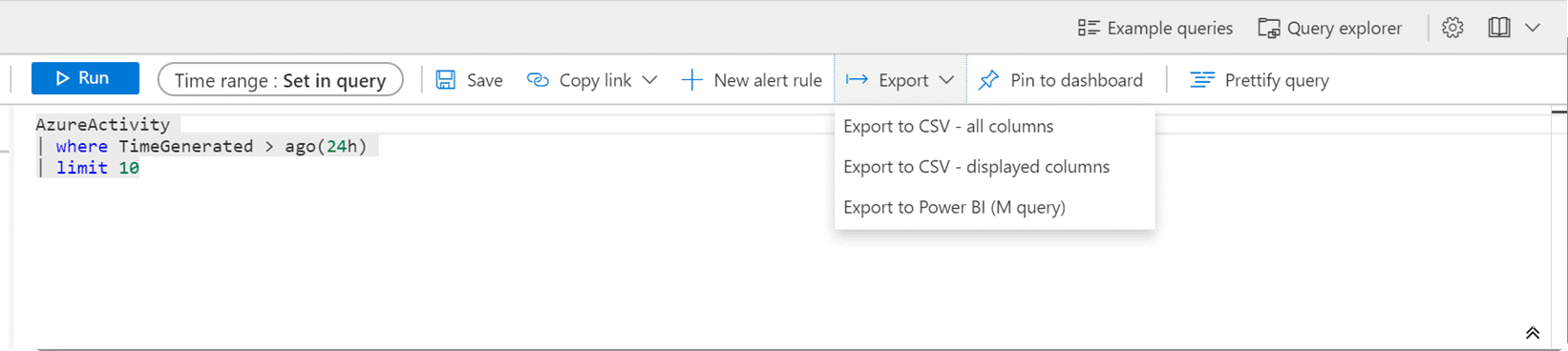 Log Analytics query showing export option menu pulldown