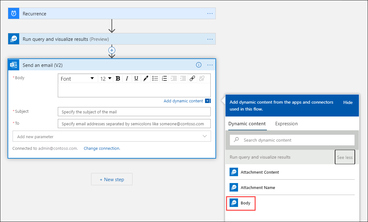 Screenshot of the settings for the new Send an email (V2) action, showing the body of the email being defined.