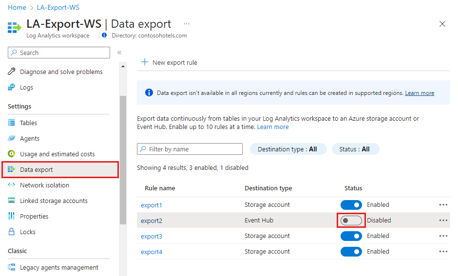 Screenshot that shows disabling the data export rule.