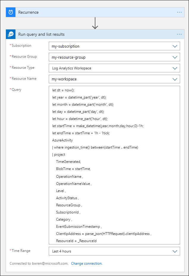 Screenshot that shows the settings for the new Azure Monitor Logs action named Run query and visualize results.