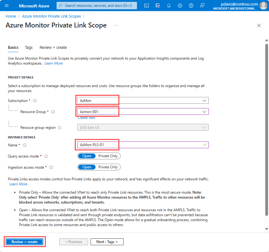 Screenshot that shows creating an Azure Monitor Private Link Scope.