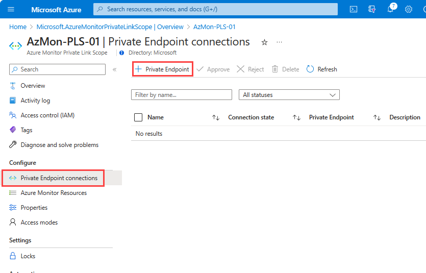 Screenshot of Private Endpoint Connections UX.