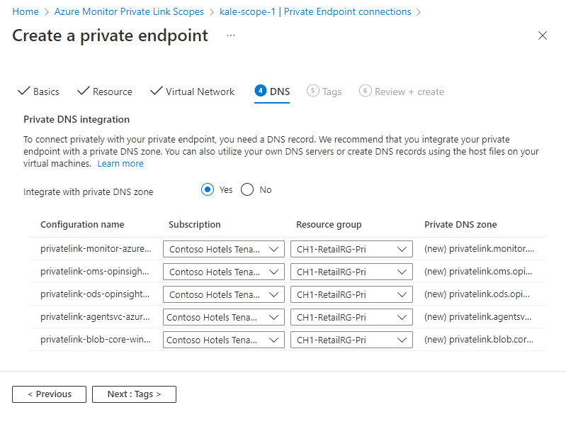 Screenshot of the Create a private endpoint page in the Azure portal with the DNS tab selected.