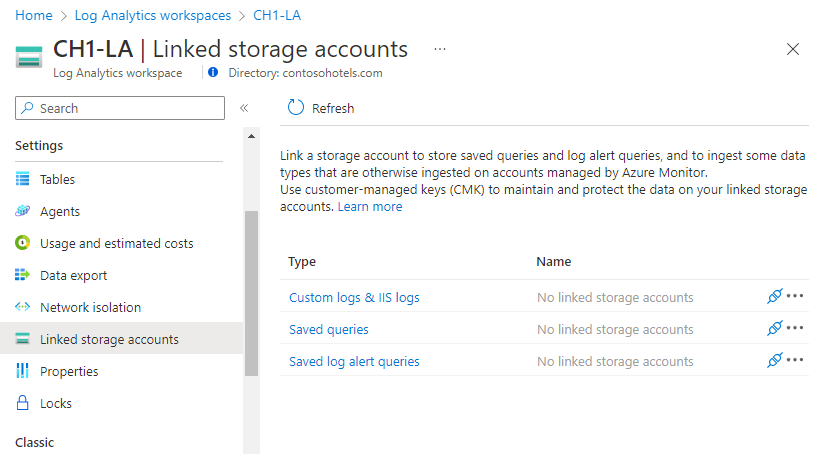 Screenshot that shows the Linked storage accounts pane.