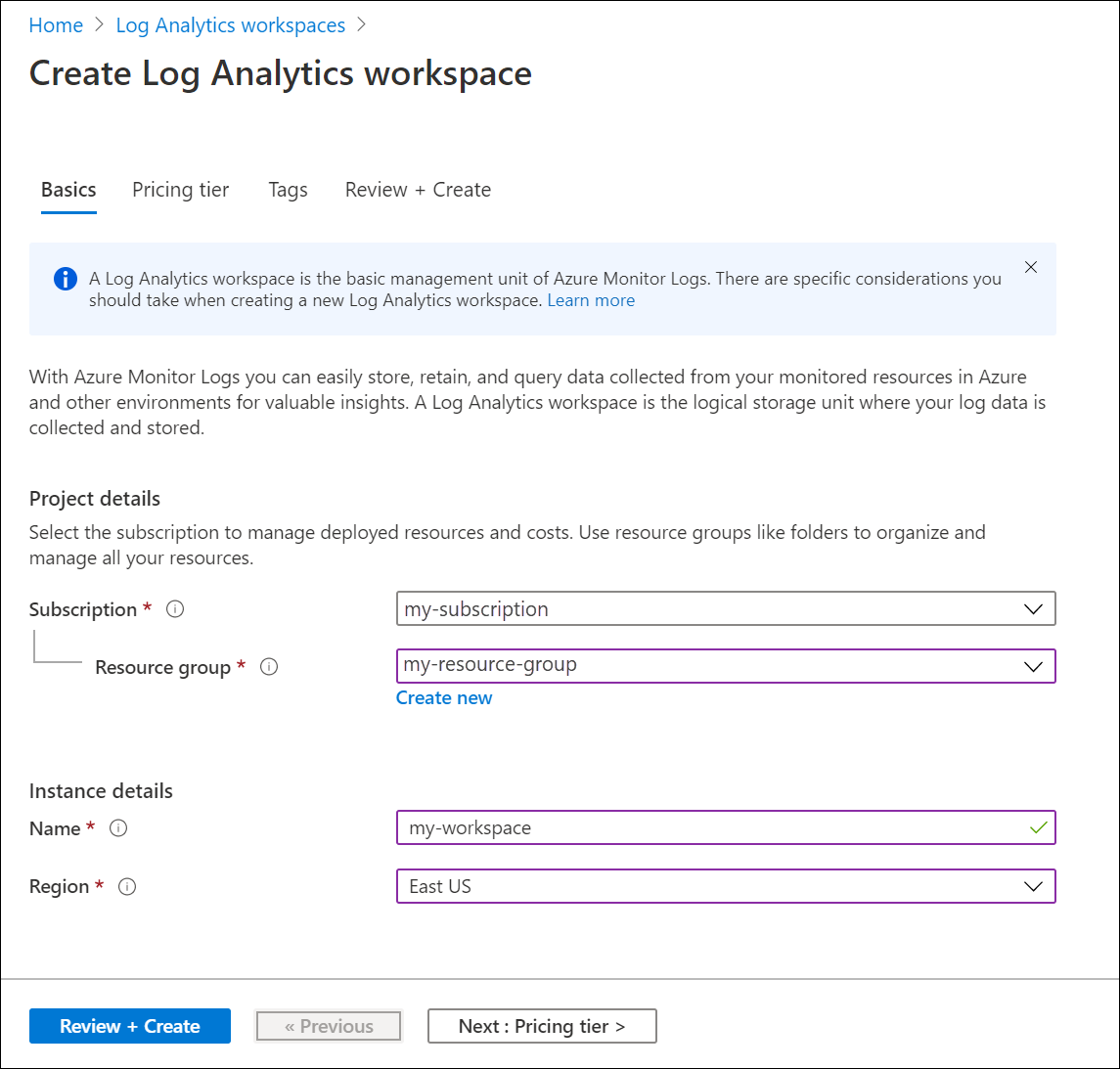 Screenshot that shows the boxes that need to be populated on the Basics tab of the Create Log Analytics workspace screen.