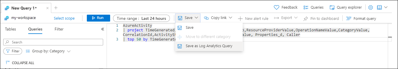 Screenshot that shows the Save query menu.