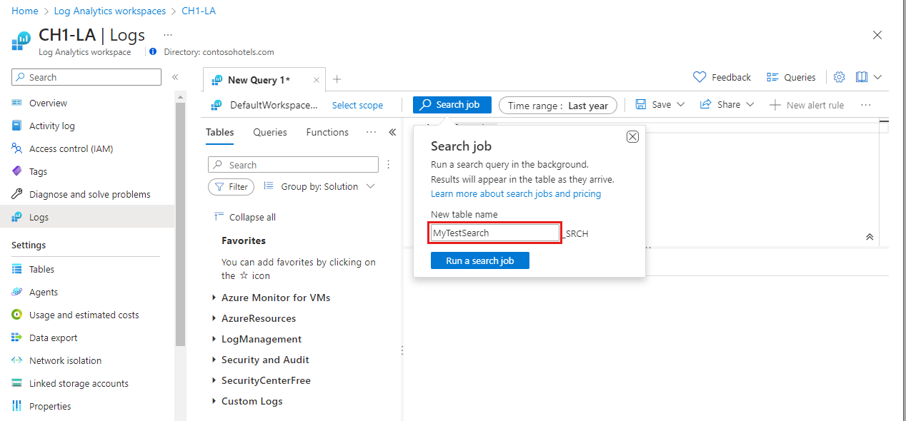Screenshot that shows the Azure Monitor Logs prompt to provide a name for the search job results table.