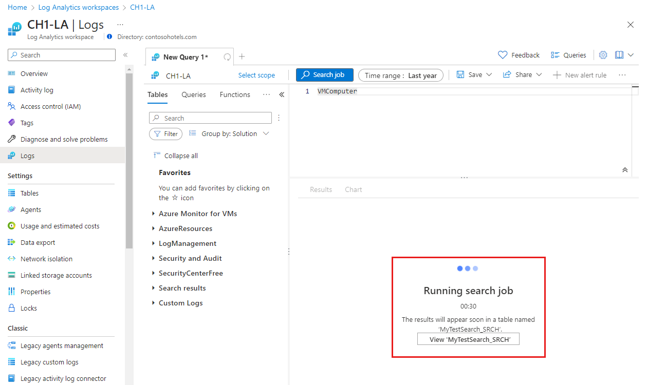 Screenshot that shows an Azure Monitor Logs message that the search job results table is available to view.