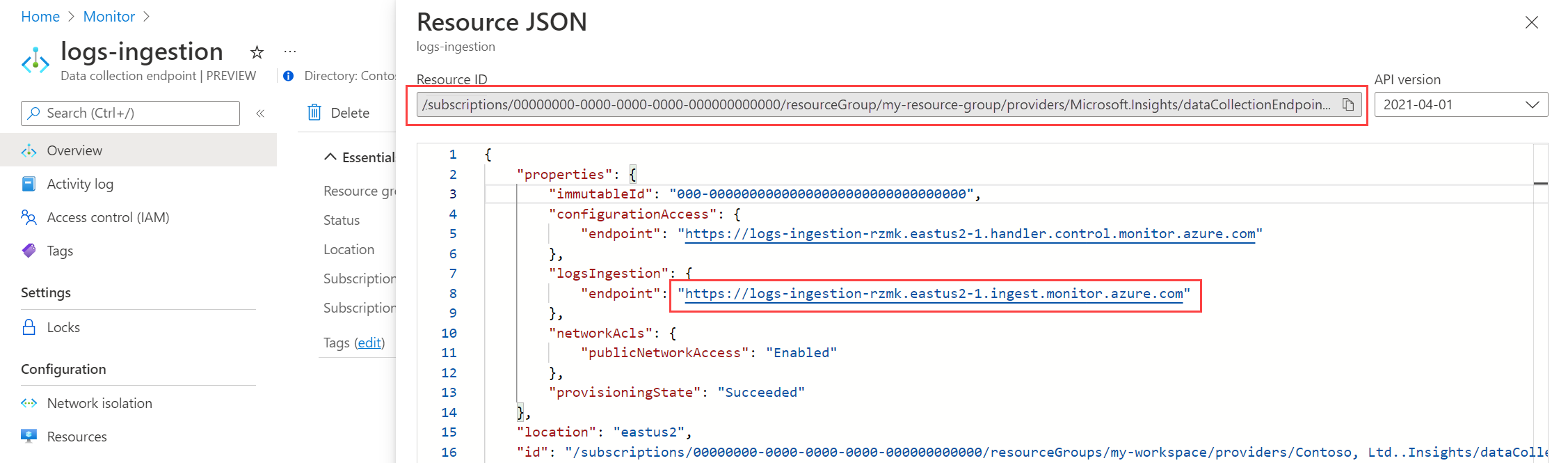Screenshot that shows the DCE resource ID.
