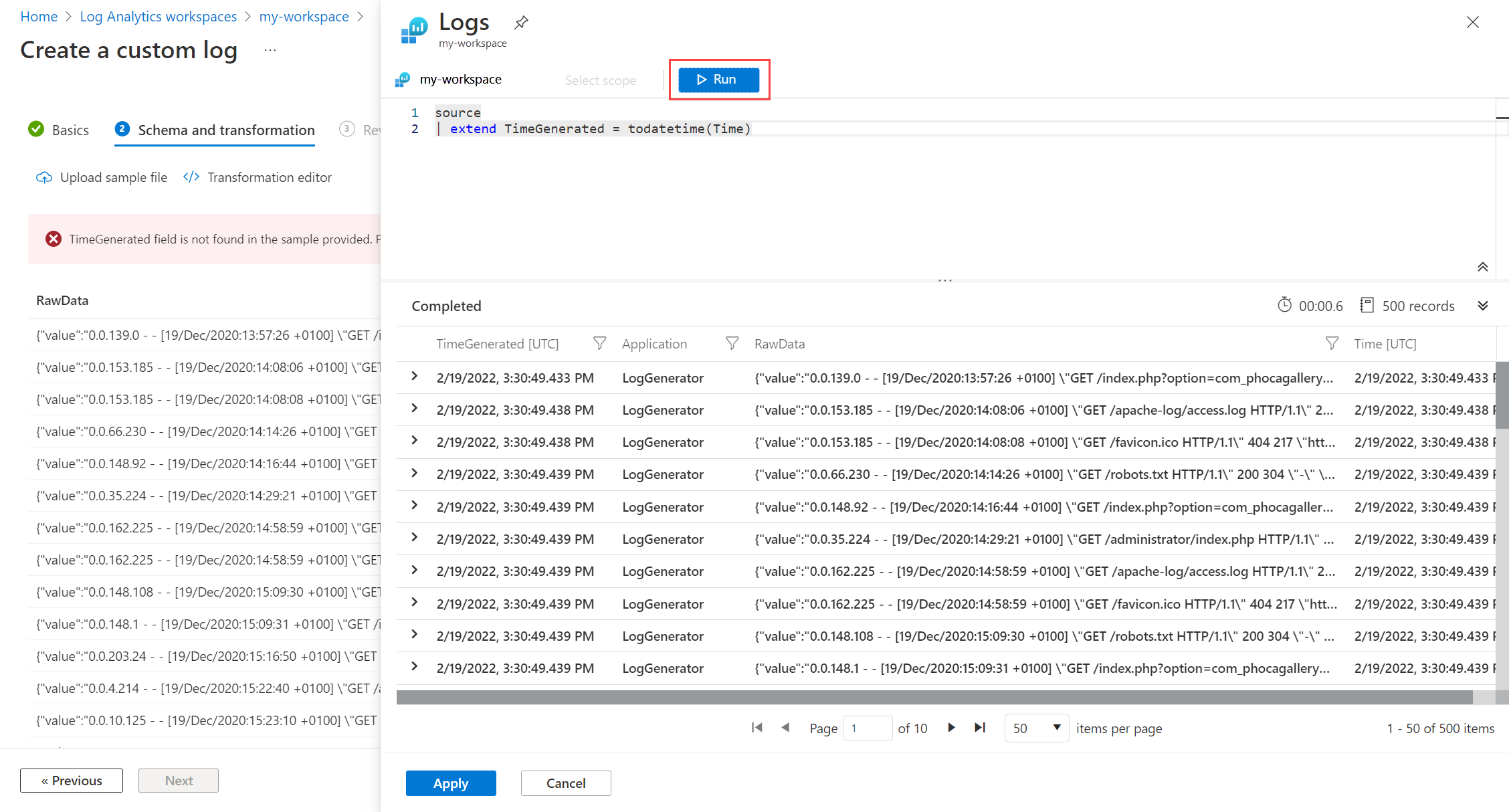 Screenshot that shows the initial custom log data query.