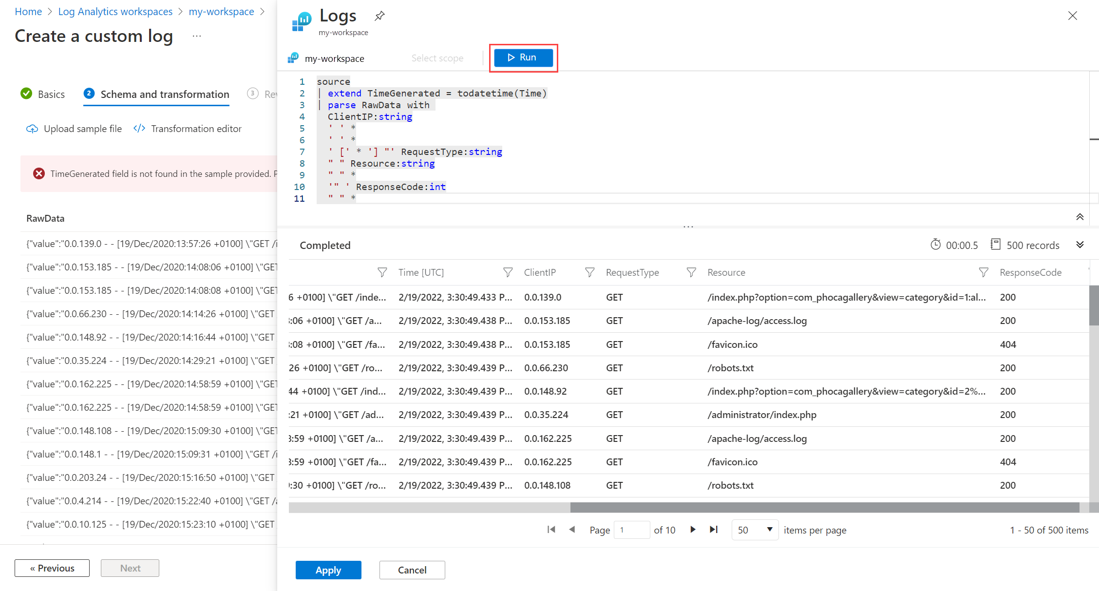 Screenshot that shows the custom log data query with parse command.