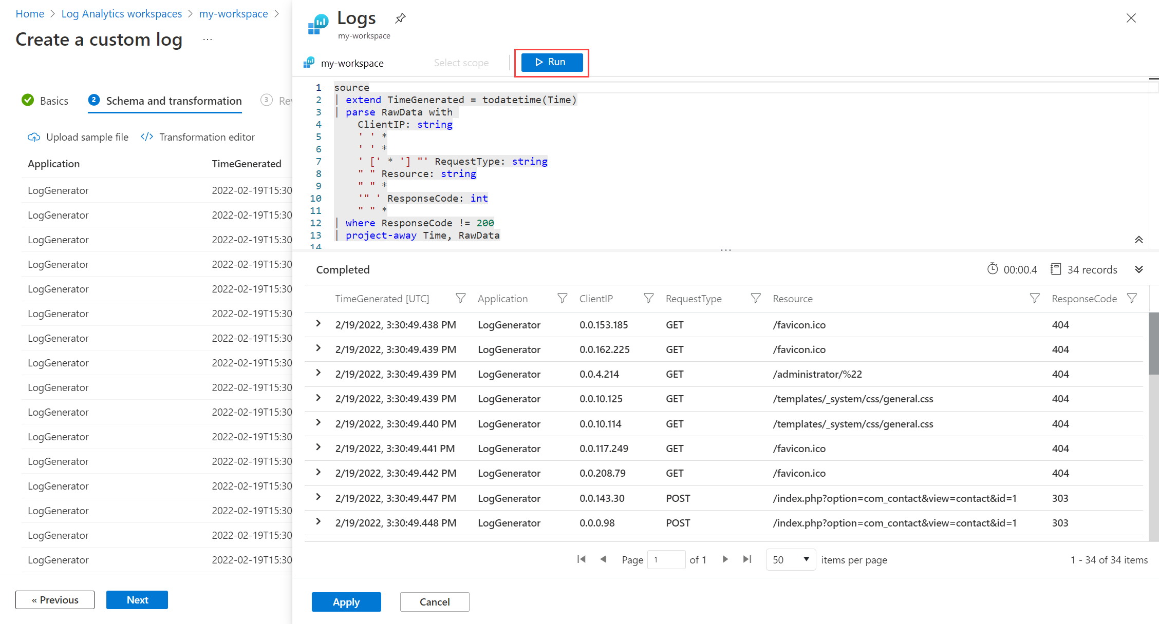 Screenshot that shows a custom log data query with a filter.