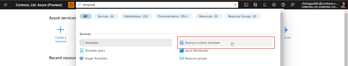 Screenshot that shows the Azure portal with template entered in the search box and Deploy a custom template highlighted in the search results.