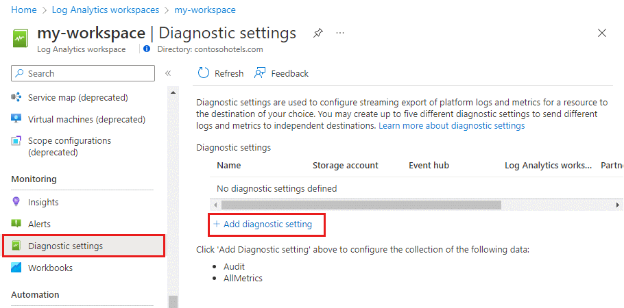 Screenshot of diagnostic settings.