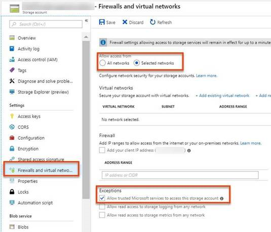 Screenshot that shows the settings for firewalls and virtual networks.
