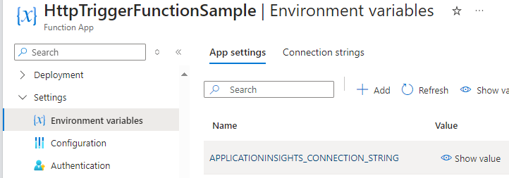 Screenshot showing the App Insights Instrumentation Key setting in the list.