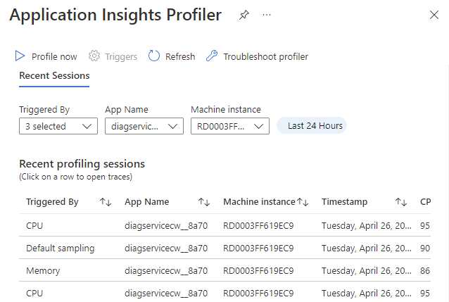 Screenshot that shows Profiler page features and settings.