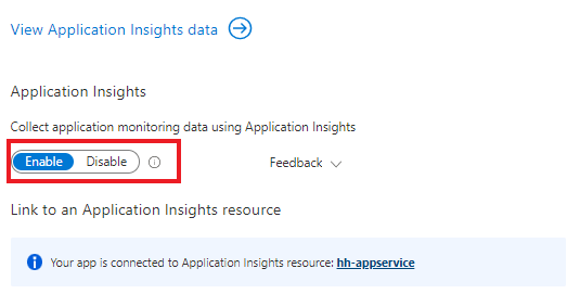 Screenshot that shows enabling Application Insights on your app.