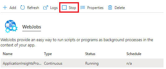 Screenshot that shows selecting stop for stopping the webjob.