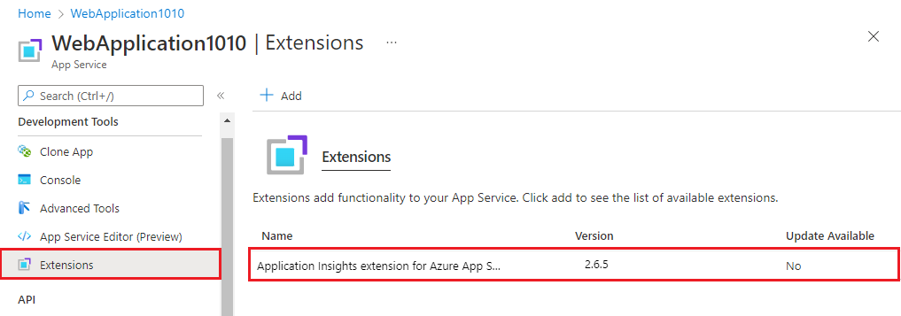 Screenshot of App Service Extensions showing Application Insights extension for Azure App Service installed.