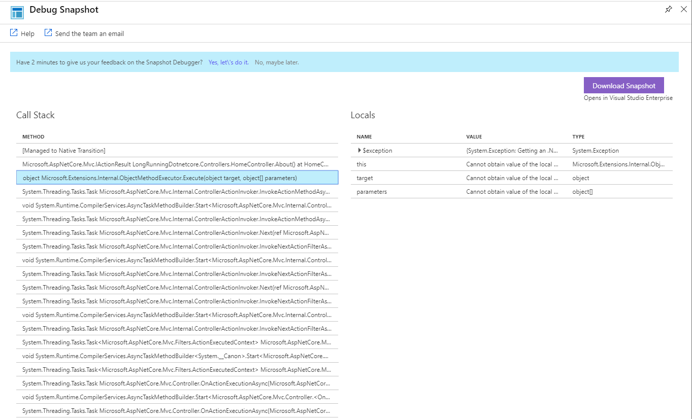 Screenshot showing the Open debug snapshot highlighted in the Azure portal.
