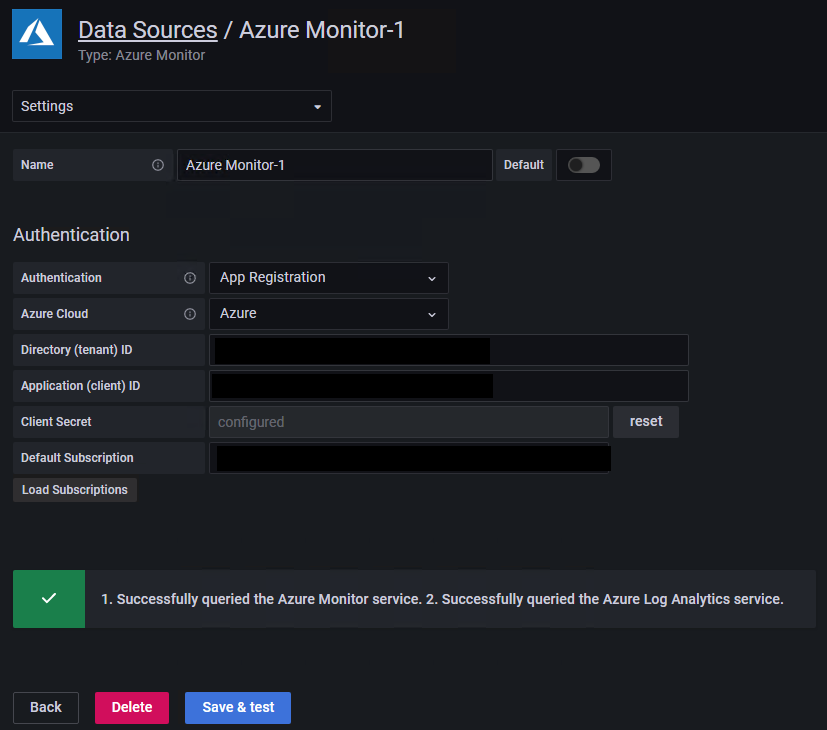 Screenshot that shows Azure Monitor data source configuration with the approved app registration.