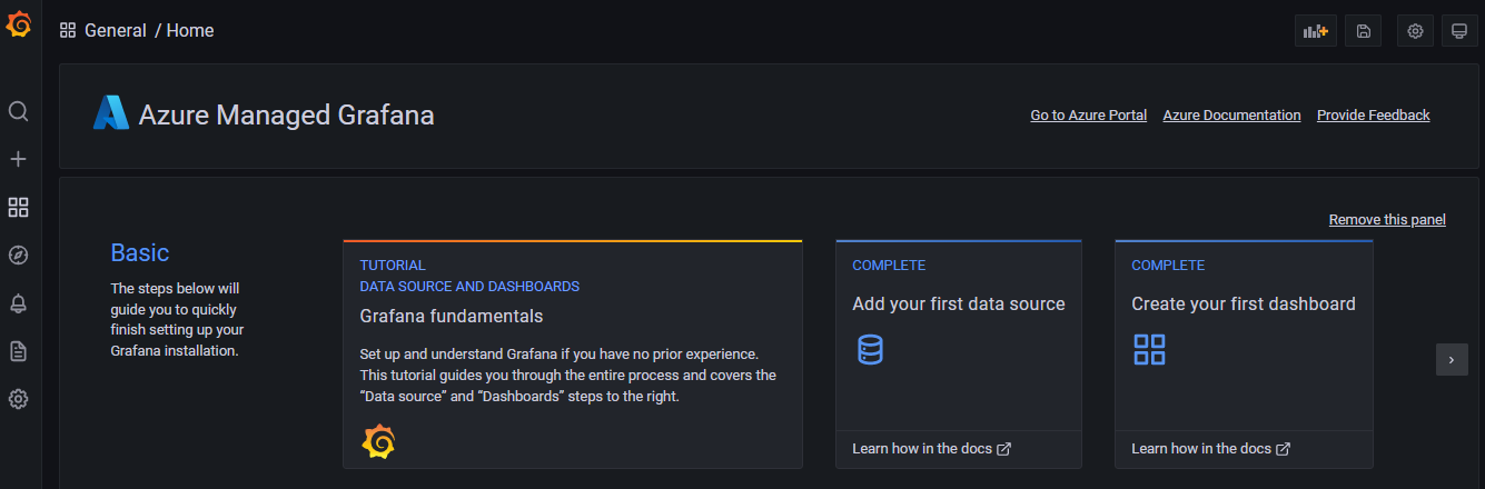 Screenshot of Azure Managed Grafana homepage.