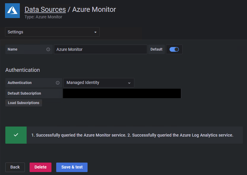 Screenshot that shows Azure Monitor data source with config-approved managed identity.