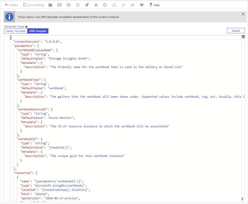 Screenshot that shows how to get the ARM template from within the workbook UI.