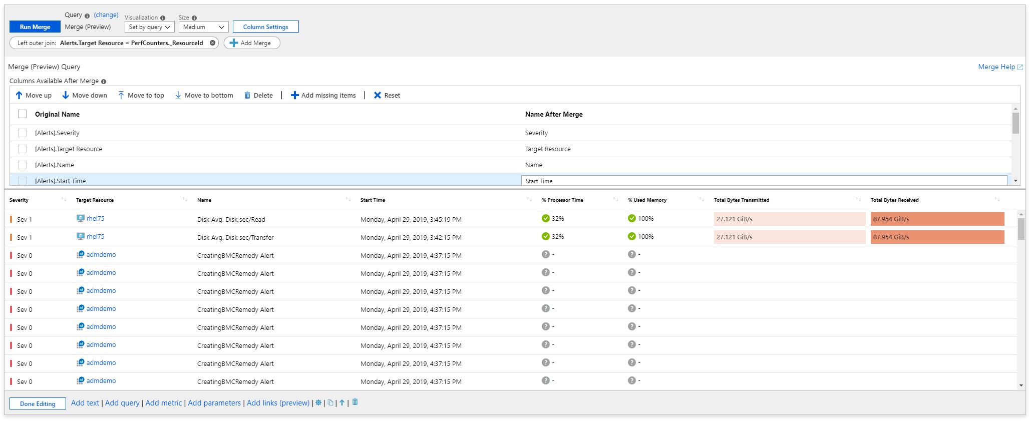 Screenshot that shows a workbook with a merge control that combines alert and Log Analytics data.