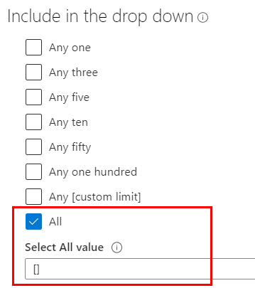 Screenshot of the New Parameter window in the Azure portal. The All option is selected and the All option and Select All value field are highlighted.