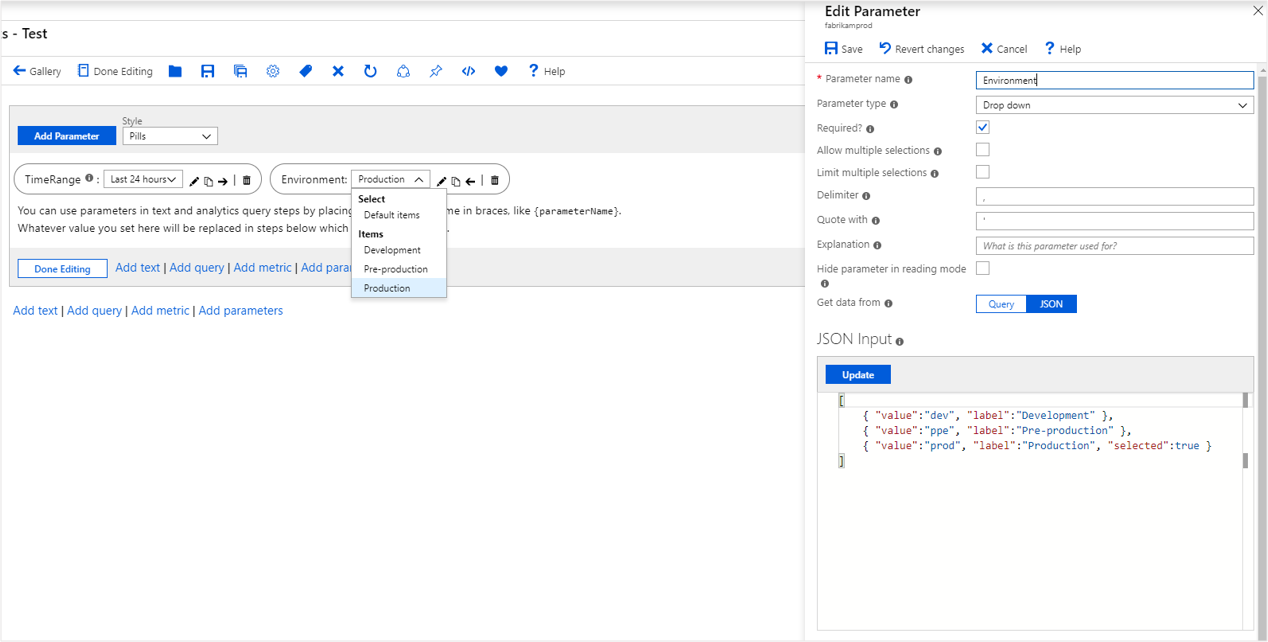 Screenshot that shows the creation of a static dropdown parameter.