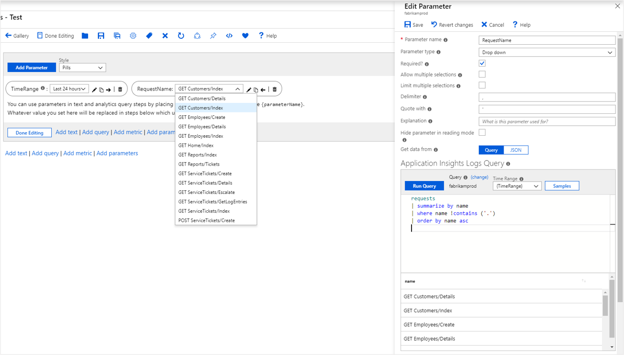 Screenshot that shows the creation of a dynamic dropdown parameter.