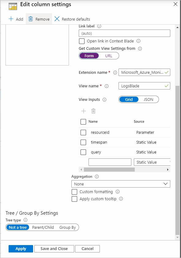 Screenshot that shows the Edit column settings pane that shows the Get Custom View settings from form.
