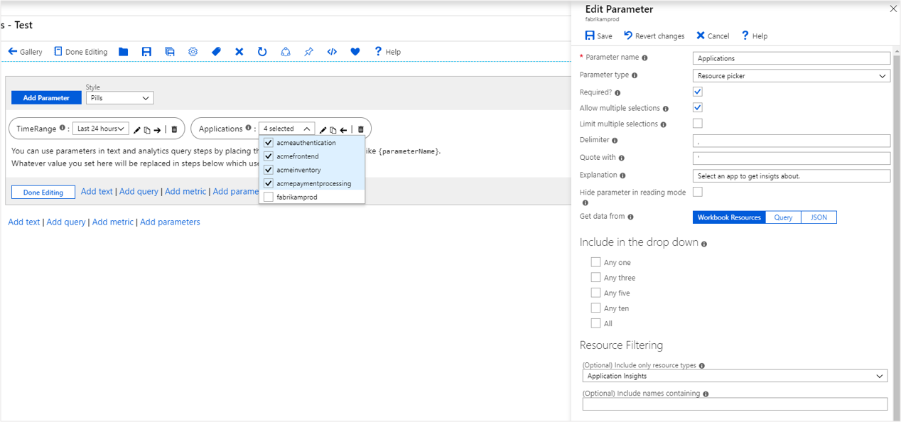 Screenshot that shows the creation of a resource parameter by using workbook resources.