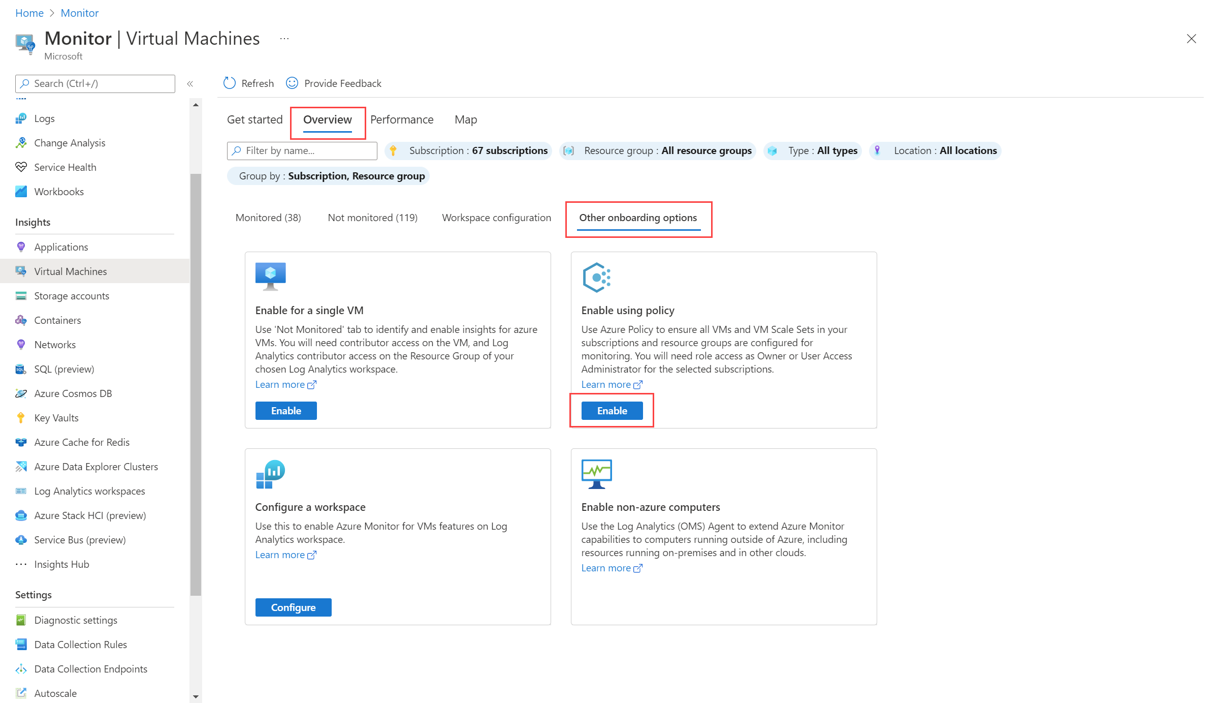 Screenshot showing other onboarding options page of VM insights with the Enable using policy option.