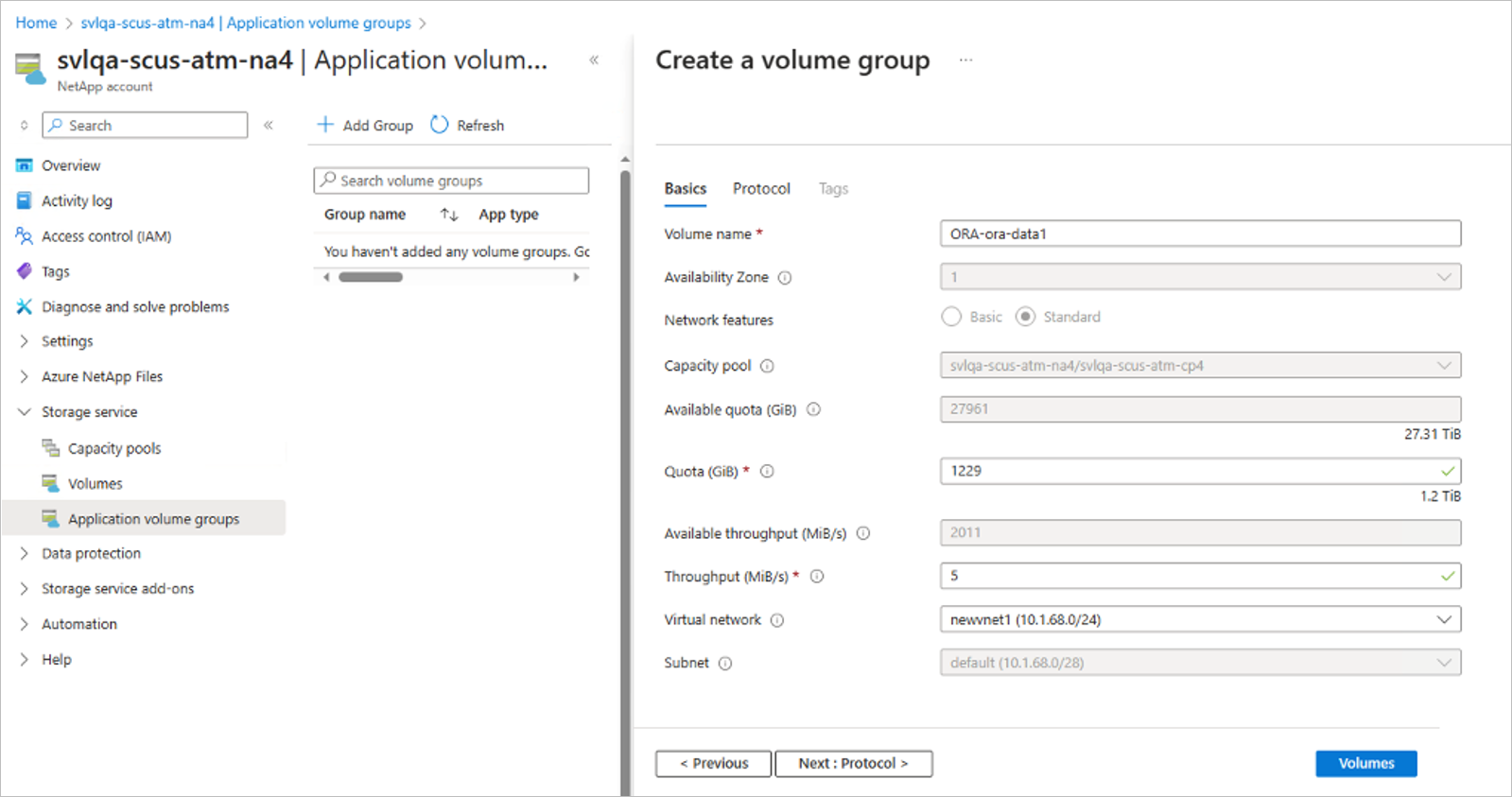 Screenshot that shows the Basics tab of Create a Volume Group page for Oracle.
